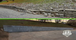 Failing retaining wall before and after replacement