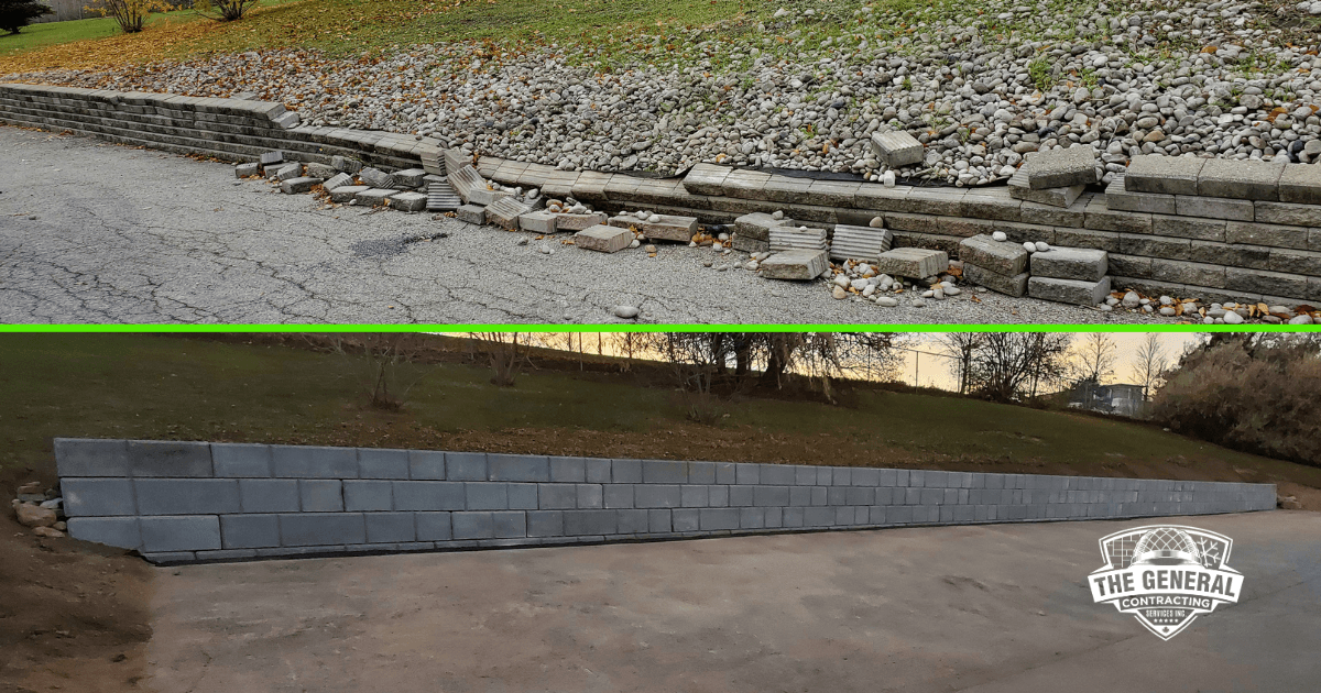 Failing retaining wall before and after replacement